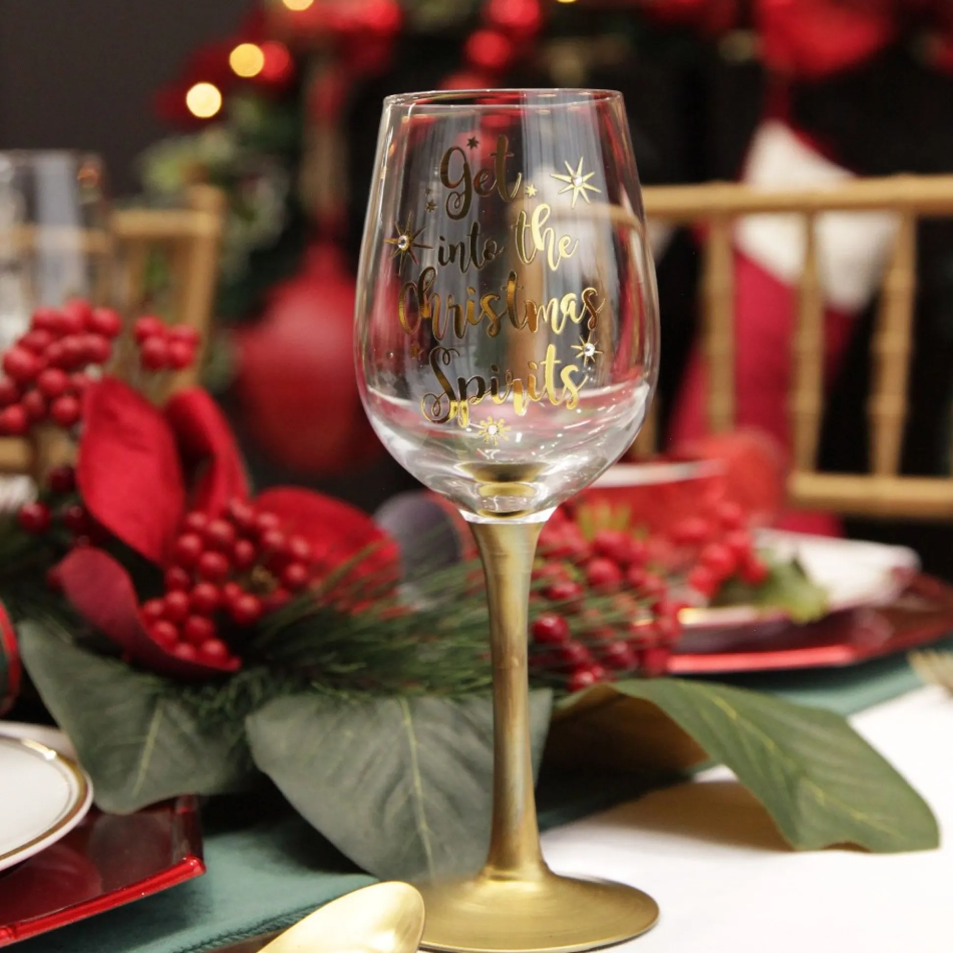 Personalised 'Get into the Christmas Spirits' Wine Glass - Gold Stem Christmas Wine Glasses And Mugs|