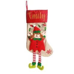 Personalised Girl Elf Christmas Stocking with Dangly Legs Personalised Stockings|