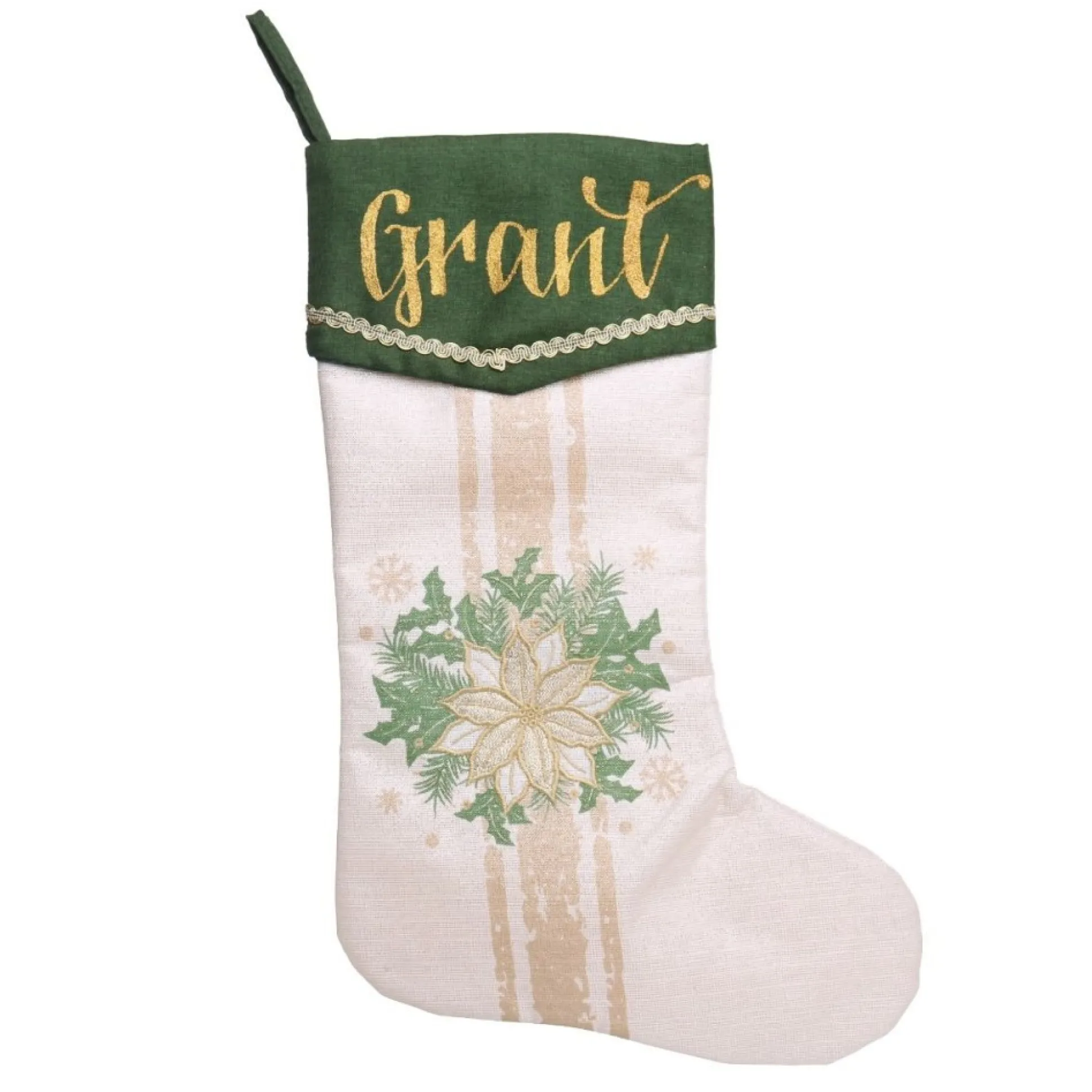 Personalised Green and Gold Poinsettia Christmas Stocking Personalised Stockings|