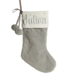 Personalised Grey Fur Christmas Stocking with Pom Poms Personalised Stockings|
