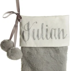 Personalised Grey Fur Christmas Stocking with Pom Poms Personalised Stockings|