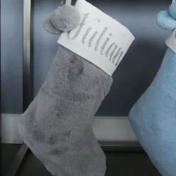 Personalised Grey Fur Christmas Stocking with Pom Poms Personalised Stockings|