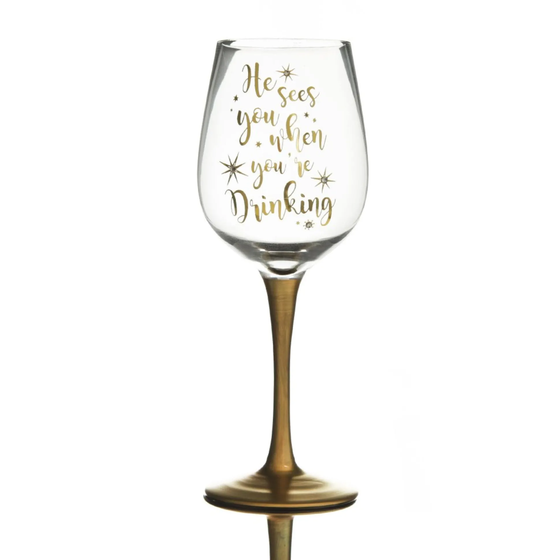 Personalised 'He Sees you When You're Drinking' Wine Glass - Gold Stem Christmas Wine Glasses And Mugs|