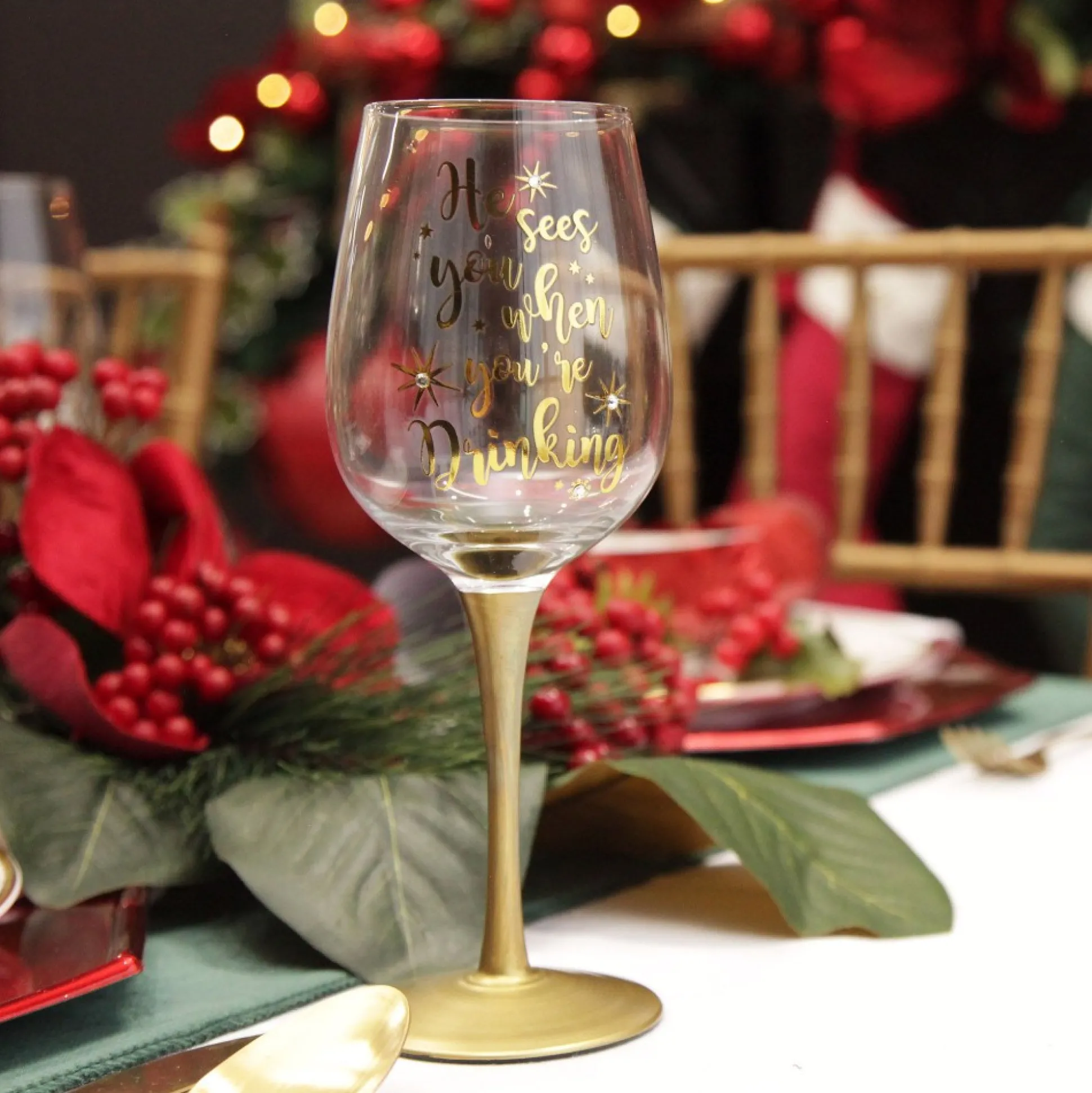 Personalised 'He Sees you When You're Drinking' Wine Glass - Gold Stem Christmas Wine Glasses And Mugs|