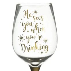 Personalised 'He Sees you When You're Drinking' Wine Glass - Gold Stem Christmas Wine Glasses And Mugs|