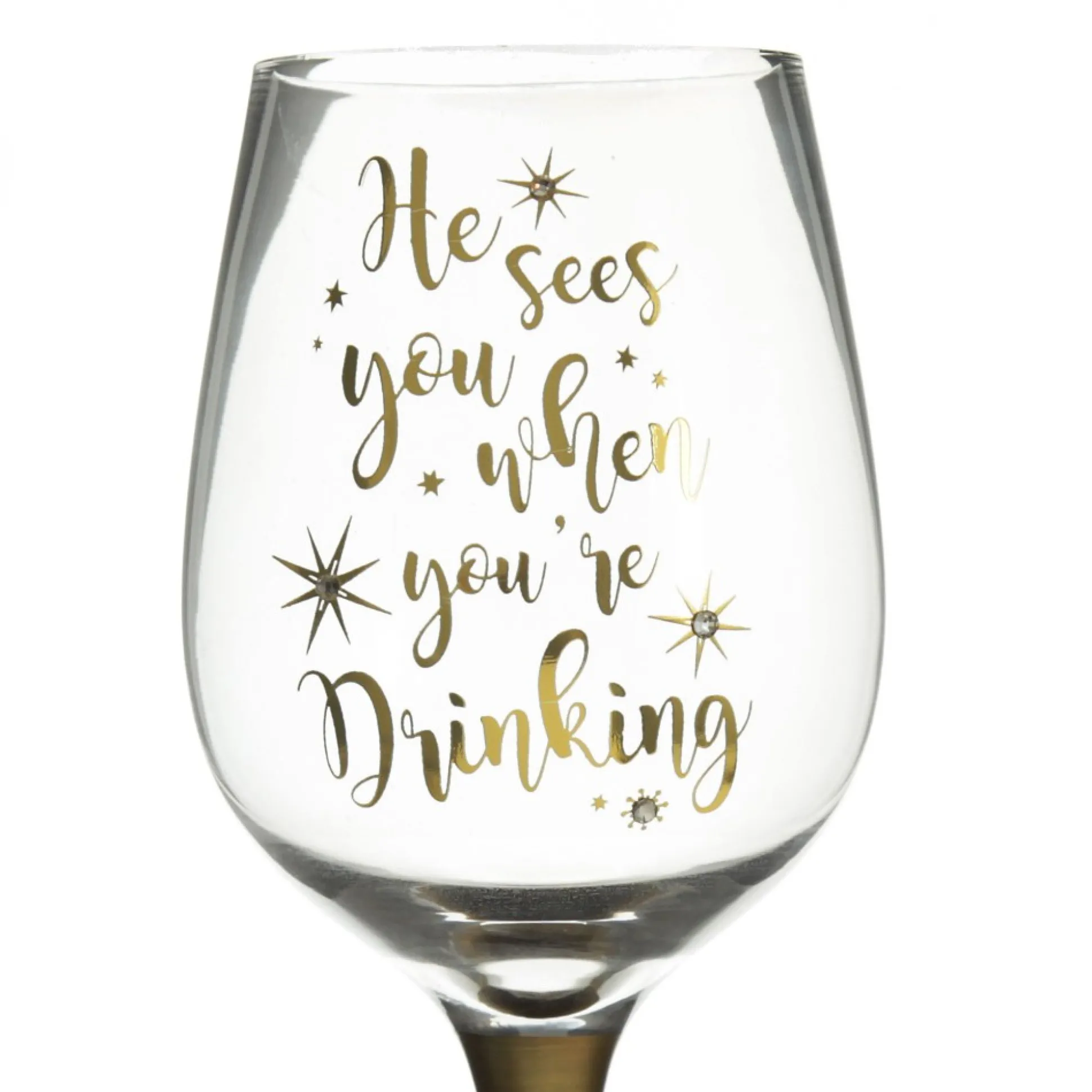 Personalised 'He Sees you When You're Drinking' Wine Glass - Gold Stem Christmas Wine Glasses And Mugs|