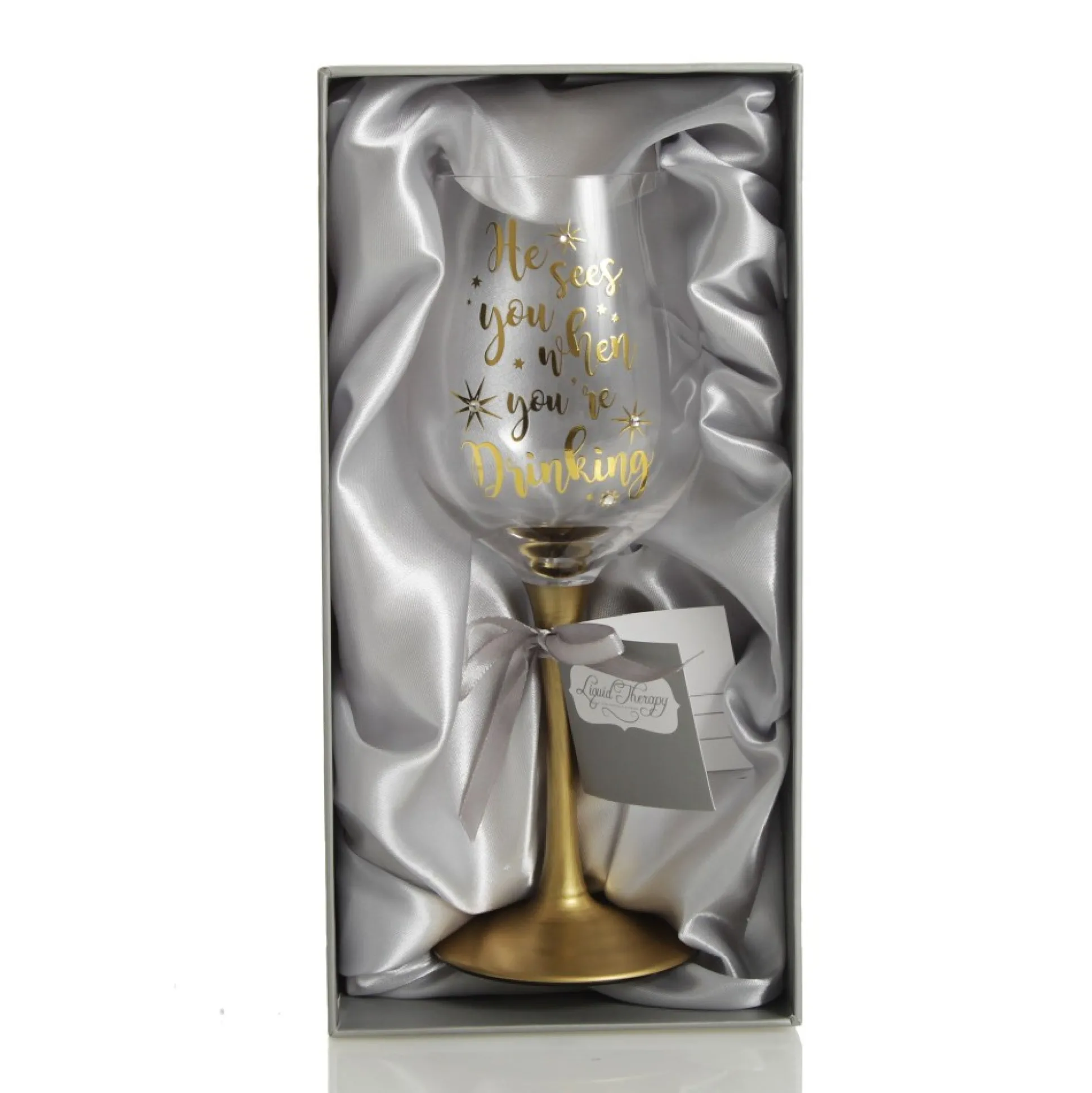 Personalised 'He Sees you When You're Drinking' Wine Glass - Gold Stem Christmas Wine Glasses And Mugs|