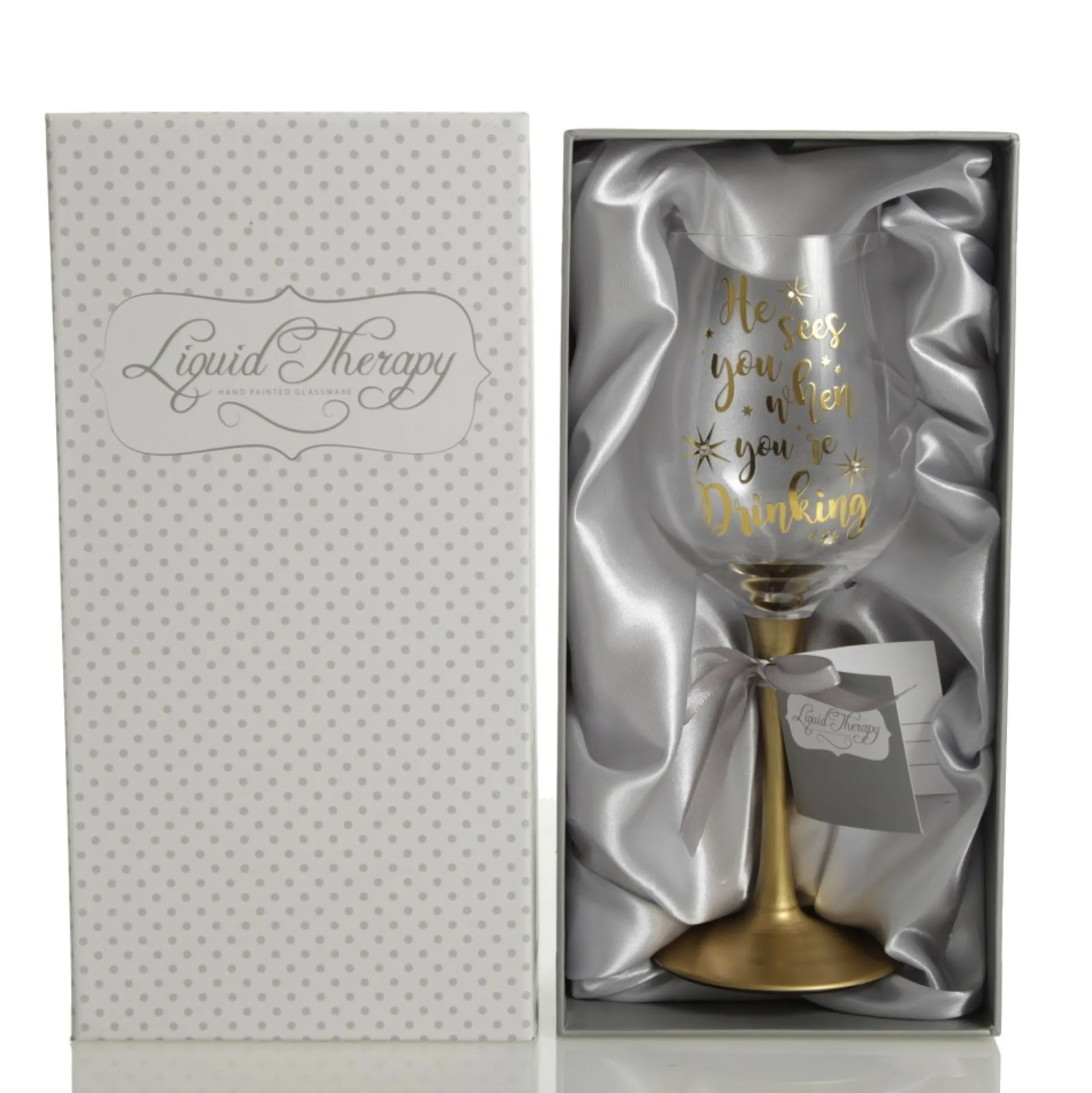 Personalised 'He Sees you When You're Drinking' Wine Glass - Gold Stem Christmas Wine Glasses And Mugs|