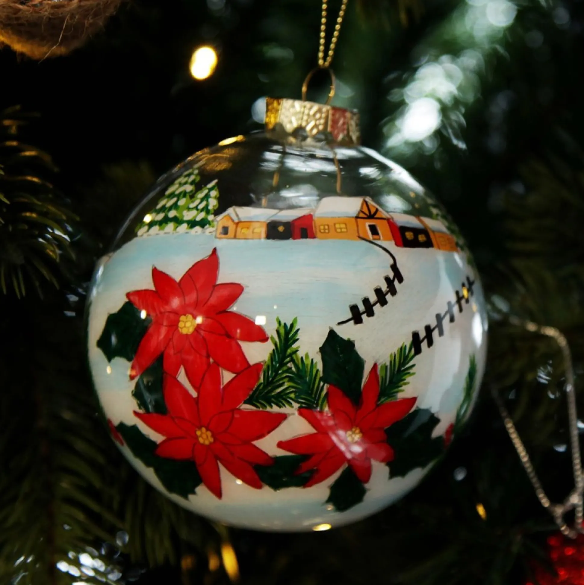 Personalised Inside Painted Poinsettia House Christmas Bauble Personalised Baubles|