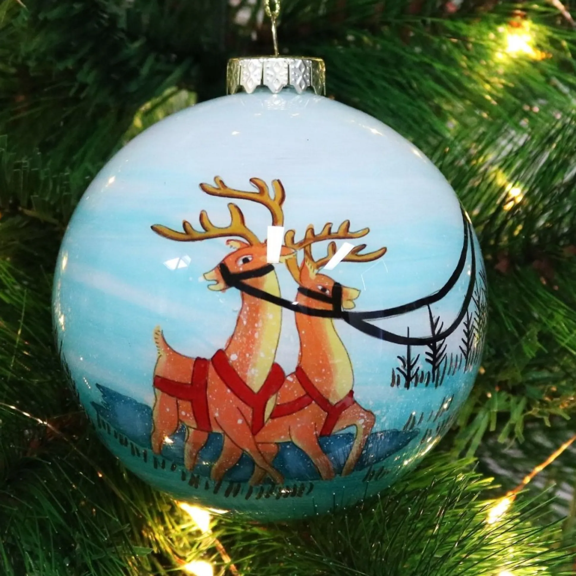 Personalised Inside Painted Santa with Reindeer Christmas Bauble Personalised Baubles|