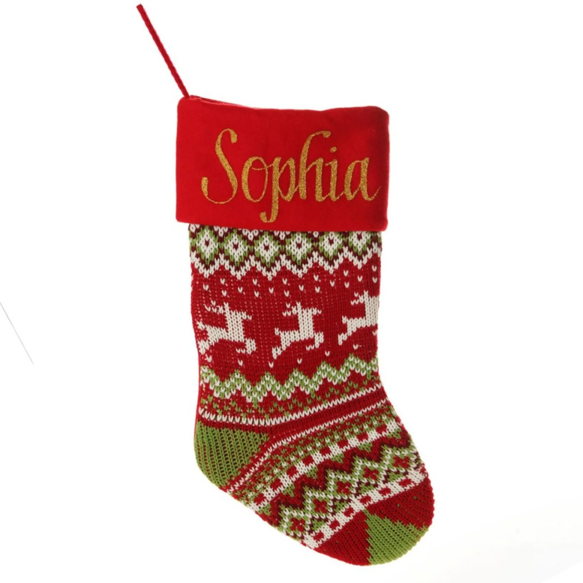 Personalised Knitted Reindeer Christmas Stocking - Red Cuff Personalised Stockings|