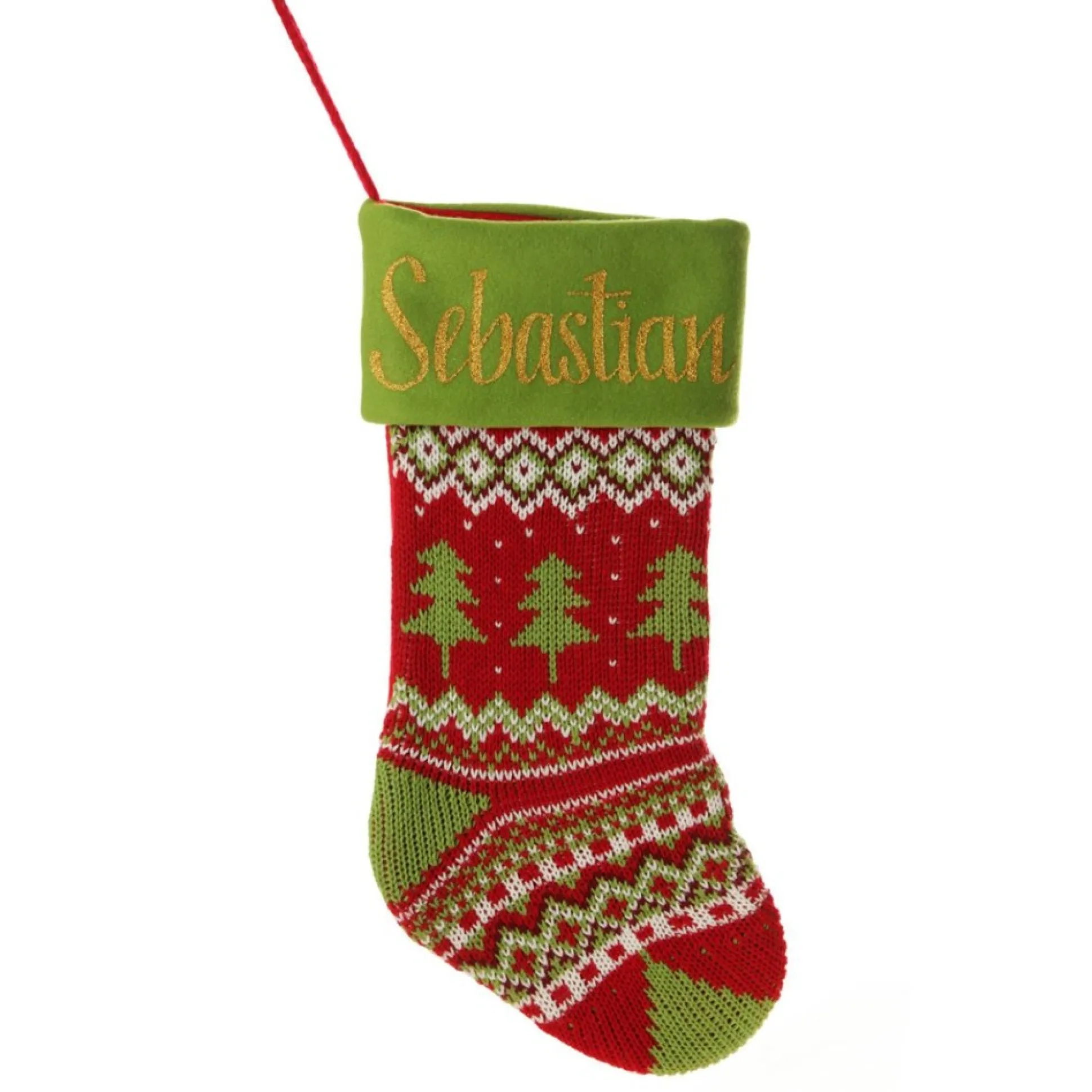 Personalised Knitted Tree Christmas Stocking - Green Cuff Personalised Stockings|