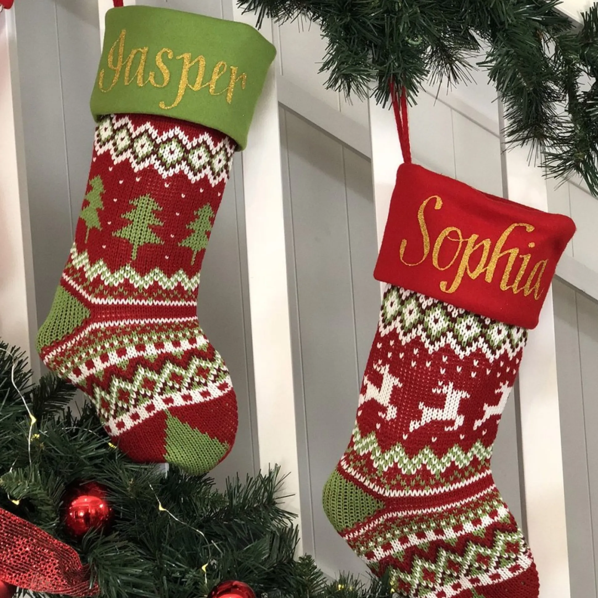 Personalised Knitted Tree Christmas Stocking - Green Cuff Personalised Stockings|