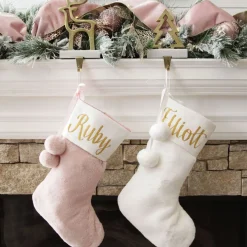 Personalised Pink Fur Christmas Stocking with Pom Poms Personalised Stockings|