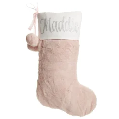 Personalised Pink Fur Christmas Stocking with Pom Poms Personalised Stockings|