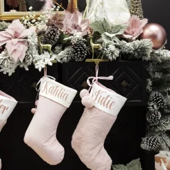 Personalised Pink Fur Christmas Stocking with Pom Poms Personalised Stockings|