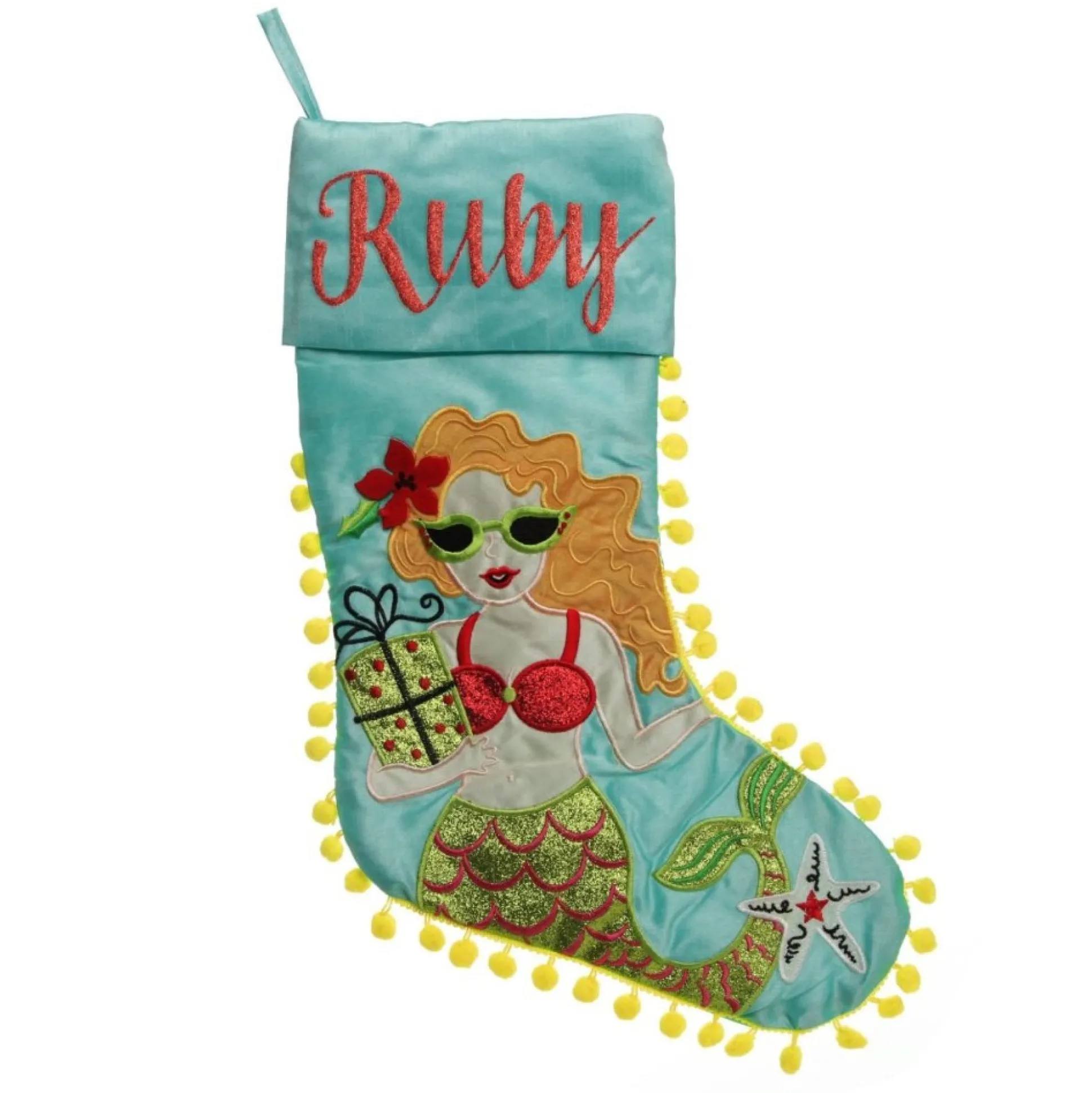 Personalised Pom Pom Beach Mermaid Christmas Stocking Personalised Stockings|