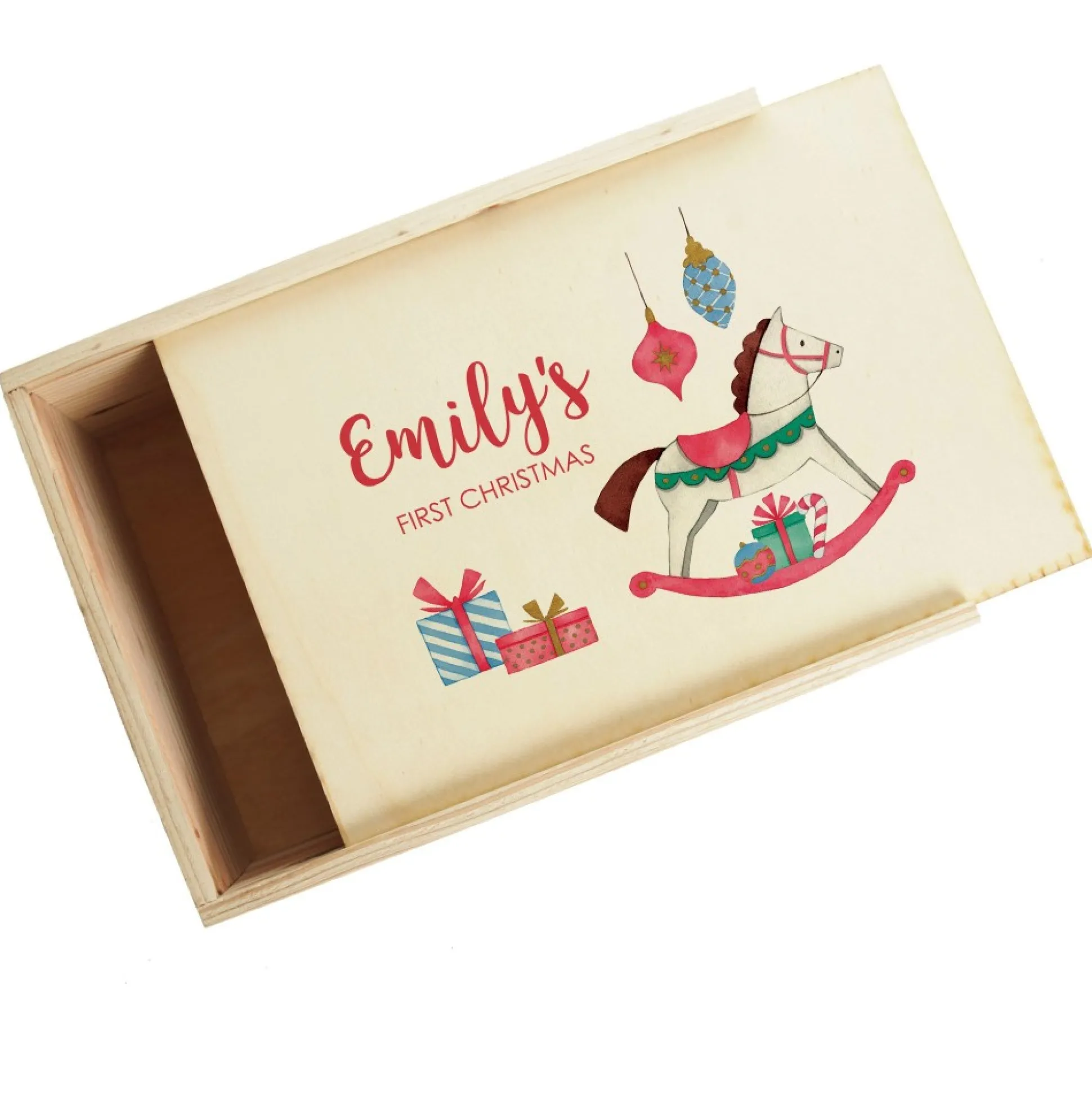 Personalised Printed Wooden Christmas Eve Box - Rocking Horse Babys First Christmas|
