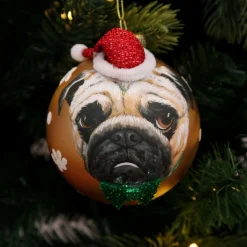 Personalised Pug Dog with Santa Hat Gold Christmas Bauble Hand Painted Baubles|