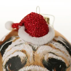 Personalised Pug Dog with Santa Hat Gold Christmas Bauble Hand Painted Baubles|