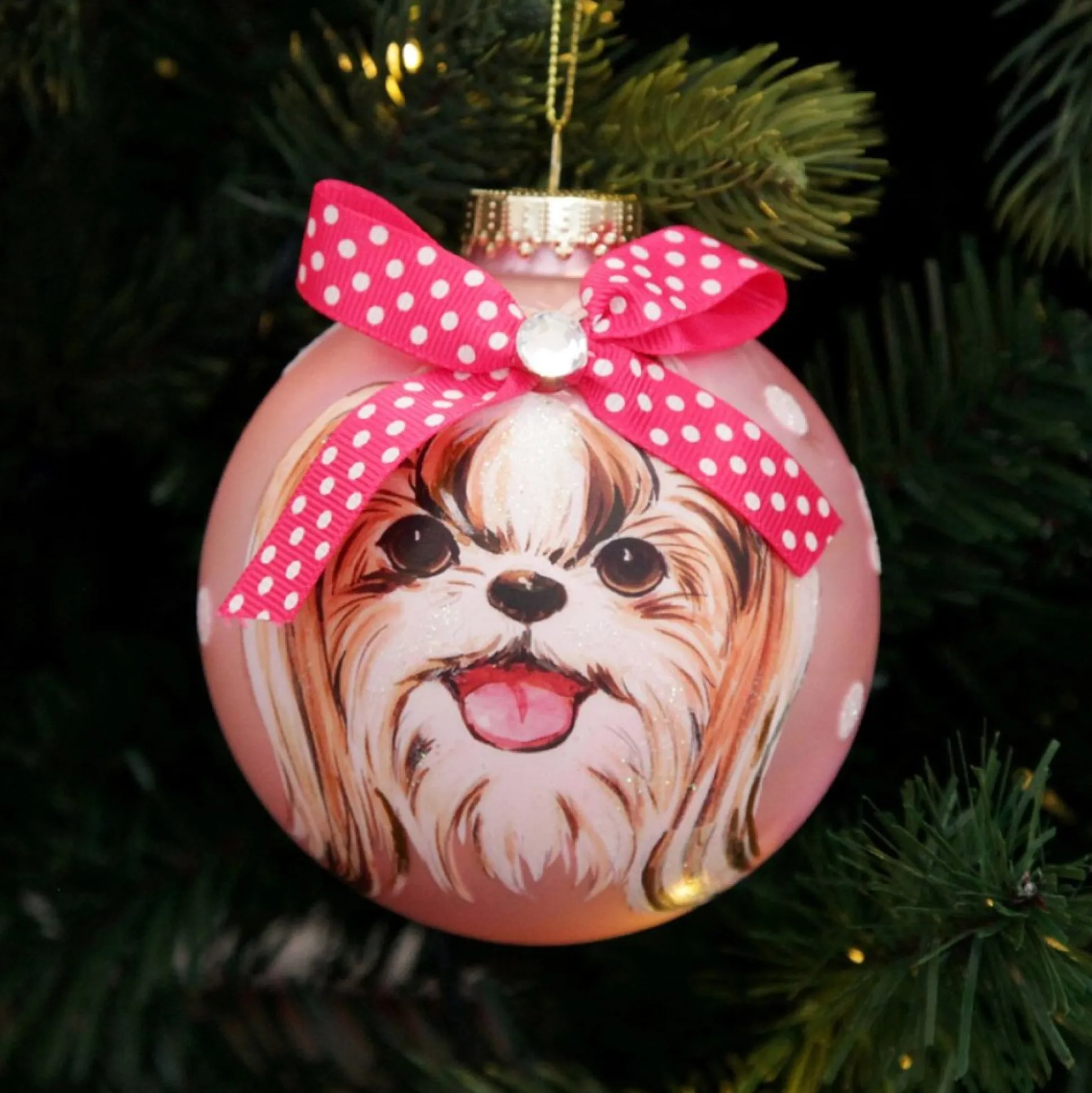 Personalised Shih Tzu Dog with Bow Pink Chrismas Bauble Hand Painted Baubles|