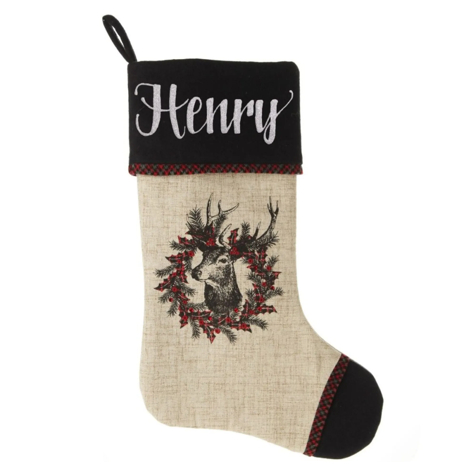 Personalised Vintage Reindeer Christmas Stocking - Black Cuff Personalised Stockings|