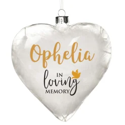 Personalised White Feather Glass Heart - In Loving Memory Memorial Baubles|