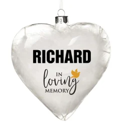 Personalised White Feather Glass Heart - In Loving Memory Memorial Baubles|
