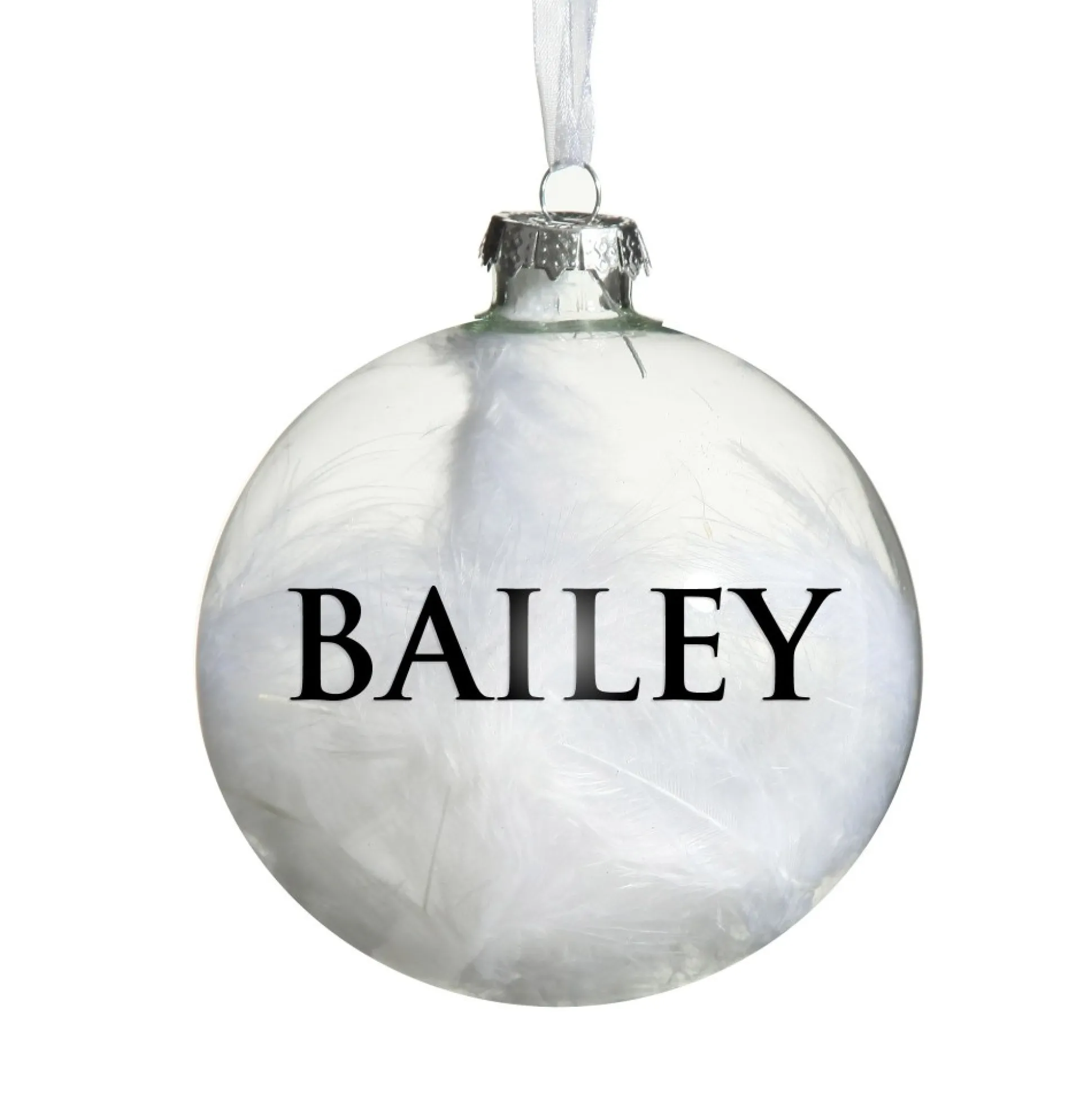Personalised White Feather Clear Glass Christmas Bauble Personalised Baubles|