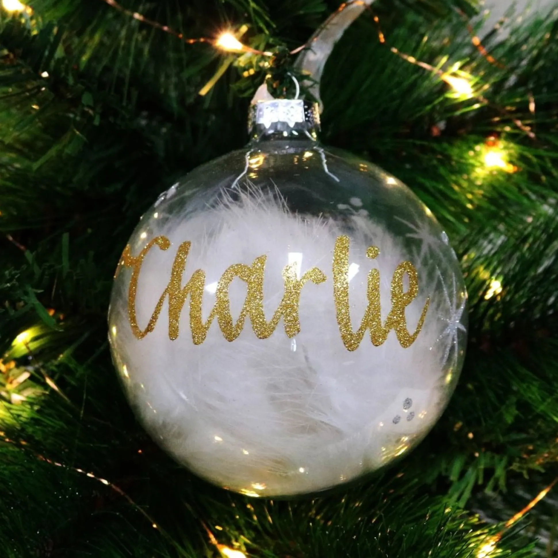 Personalised White Feather Clear Glass Christmas Bauble Personalised Baubles|