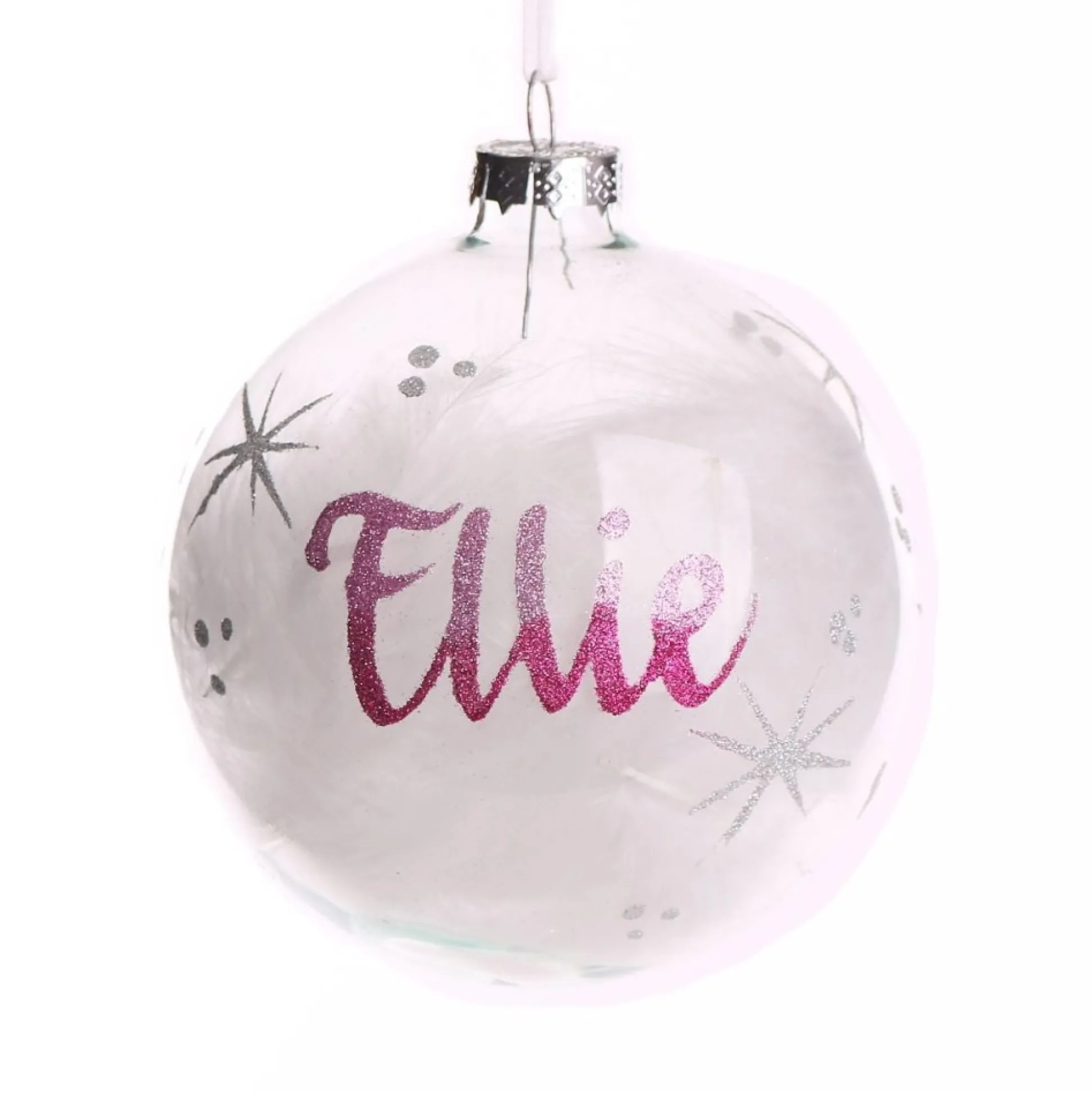 Personalised White Feather Clear Glass Christmas Bauble Personalised Baubles|