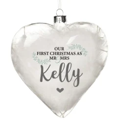 Personalised White Feather Glass Heart - Our First Christmas as Mr & Mrs Glass Hearts And Discs|