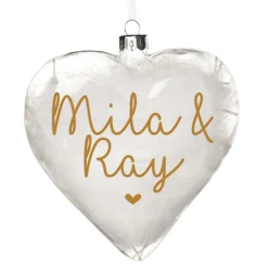 Personalised White Feather Glass Heart Personalised Baubles|