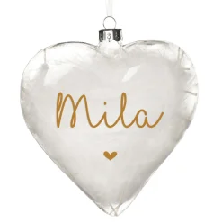 Personalised White Feather Glass Heart Personalised Baubles|