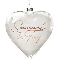 Personalised White Feather Glass Heart Personalised Baubles|