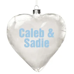 Personalised White Feather Glass Heart Personalised Baubles|