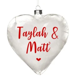 Personalised White Feather Glass Heart Personalised Baubles|