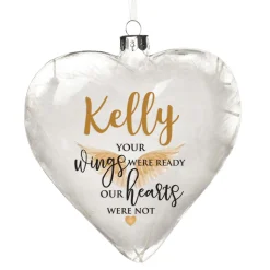 Personalised White Feather Glass Heart - Your Wings Were Ready Memorial Baubles|