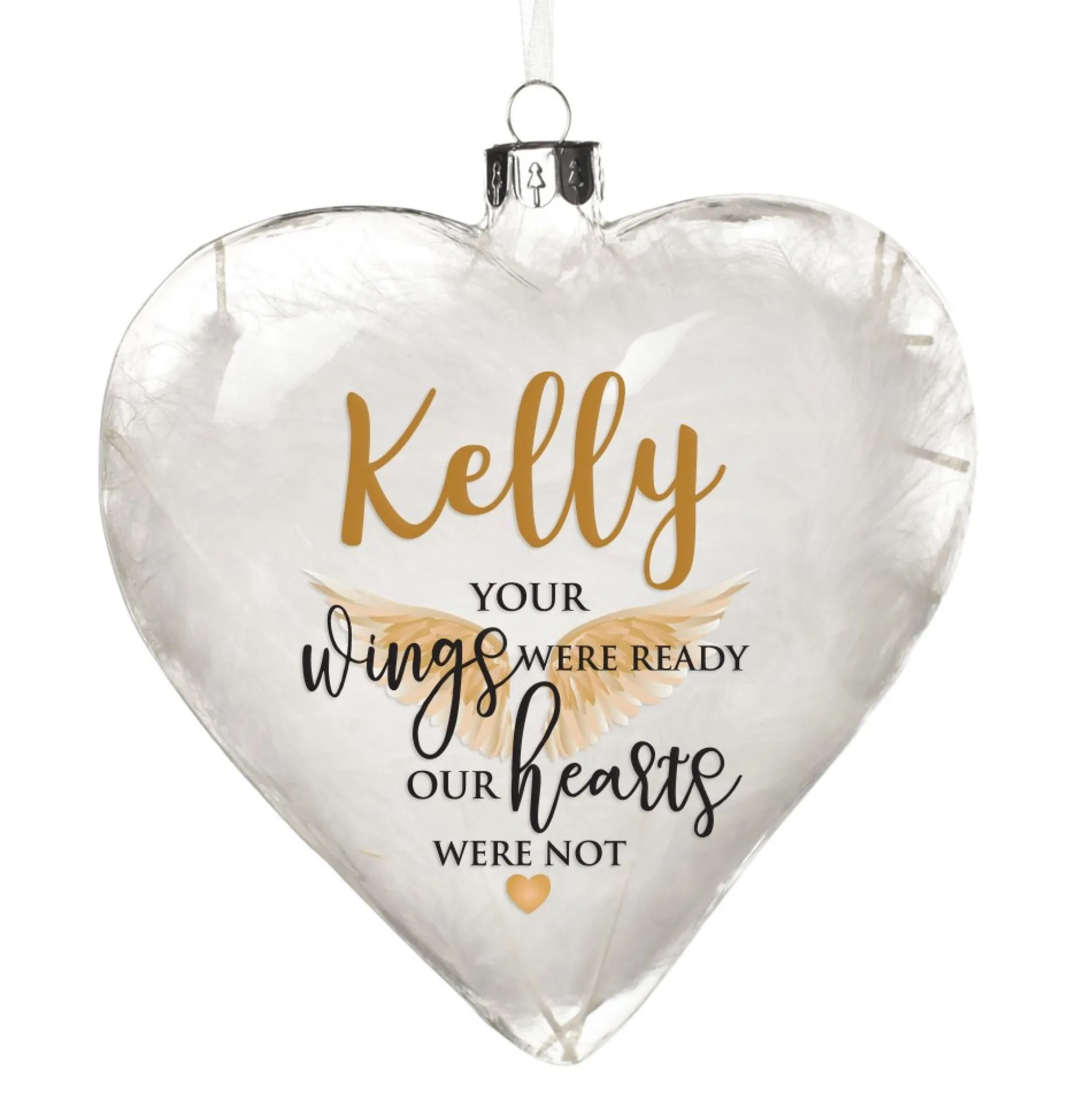 Personalised White Feather Glass Heart - Your Wings Were Ready Memorial Baubles|