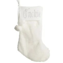 Personalised White Fur Christmas Stocking with Pom Poms Personalised Stockings|