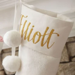 Personalised White Fur Christmas Stocking with Pom Poms Personalised Stockings|