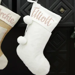Personalised White Fur Christmas Stocking with Pom Poms Personalised Stockings|