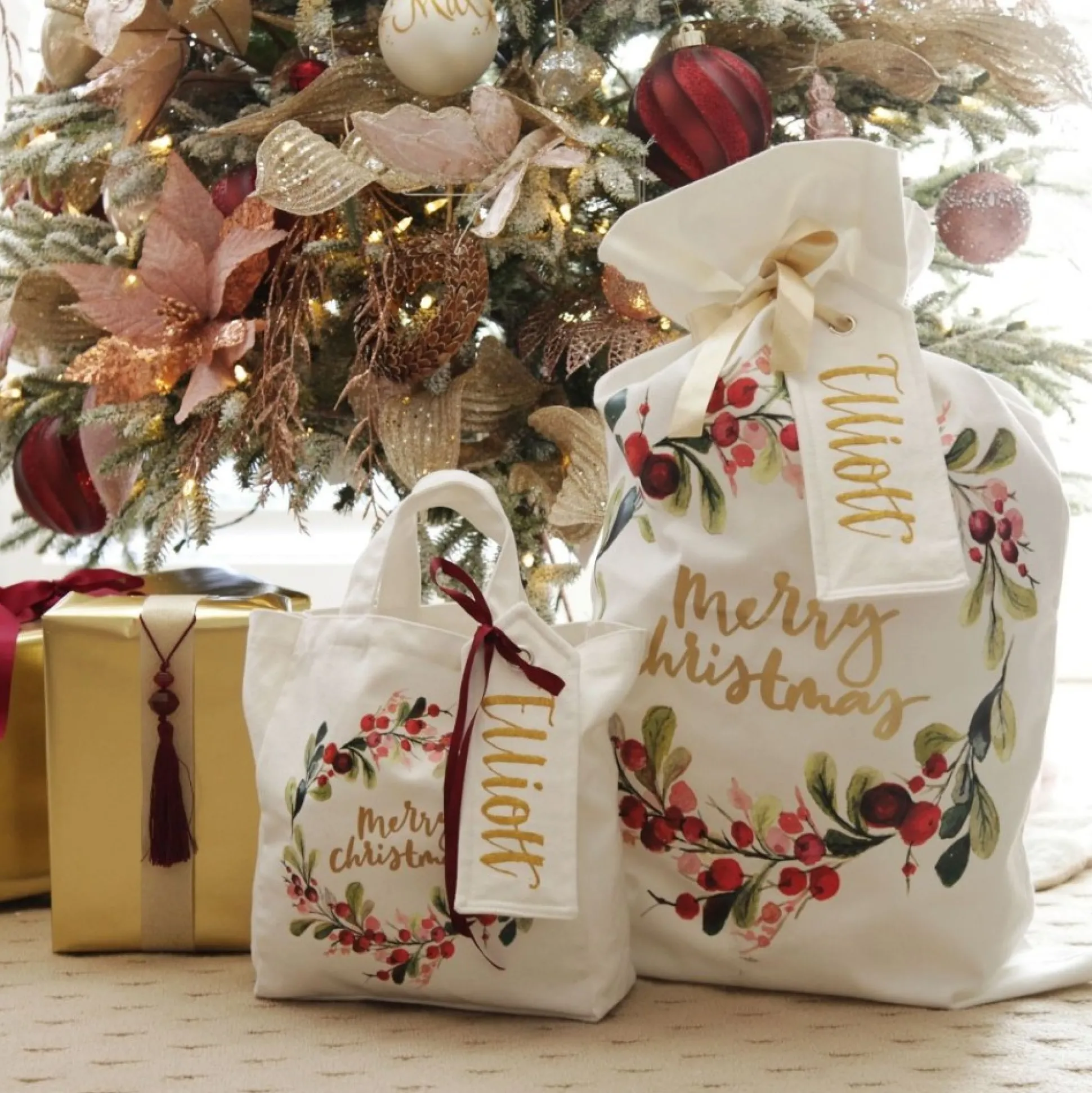 Personalised White Linen Santa Sack Tag Small Personalised Santa Sacks|