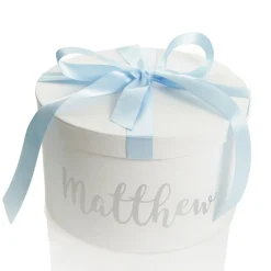 Personalised White Round Gift Box with Baby Blue Ribbon Bow Gift Wrap, Boxes, Bags & Tags|
