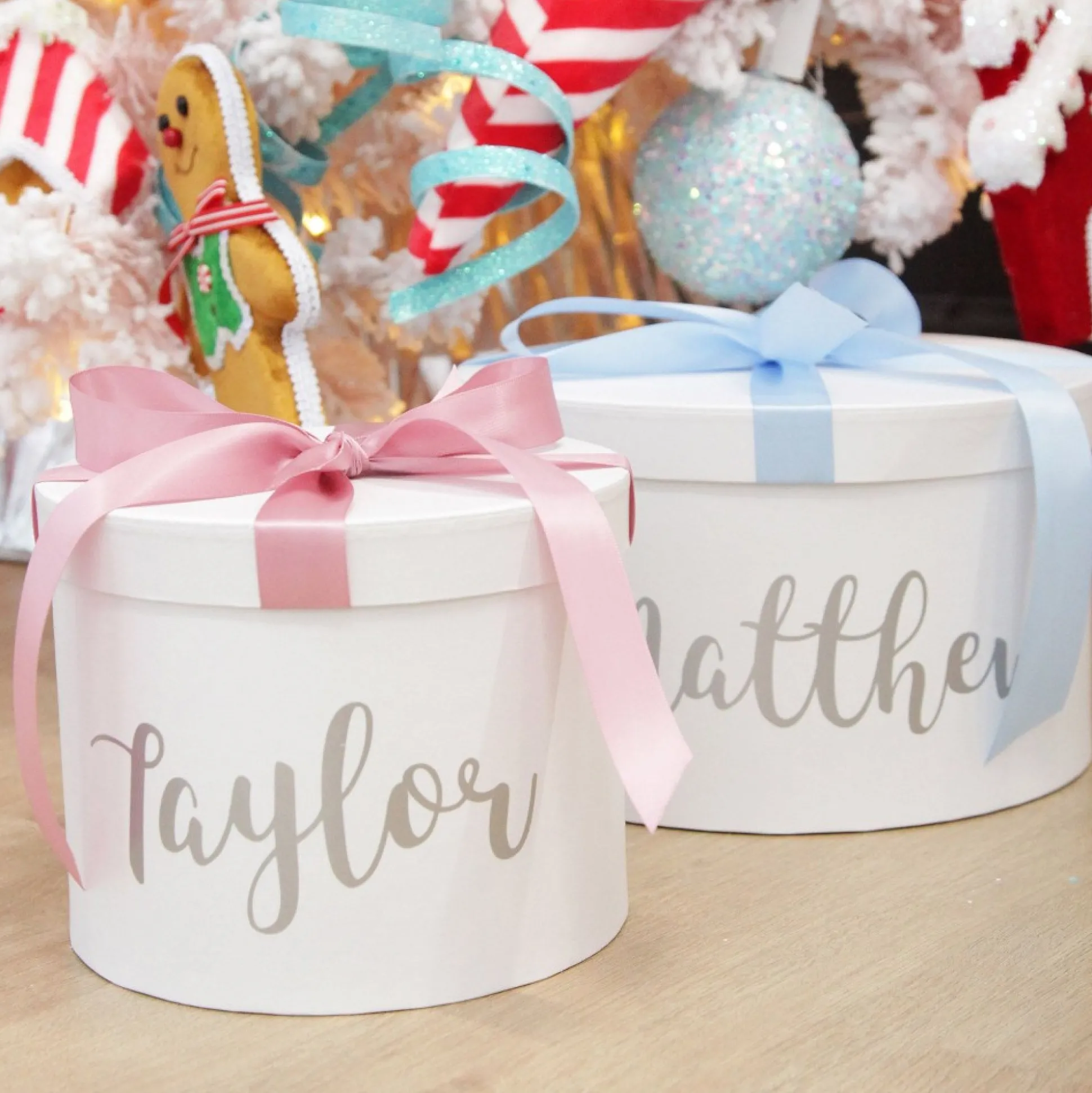 Personalised White Round Gift Box with Baby Blue Ribbon Bow Gift Wrap, Boxes, Bags & Tags|