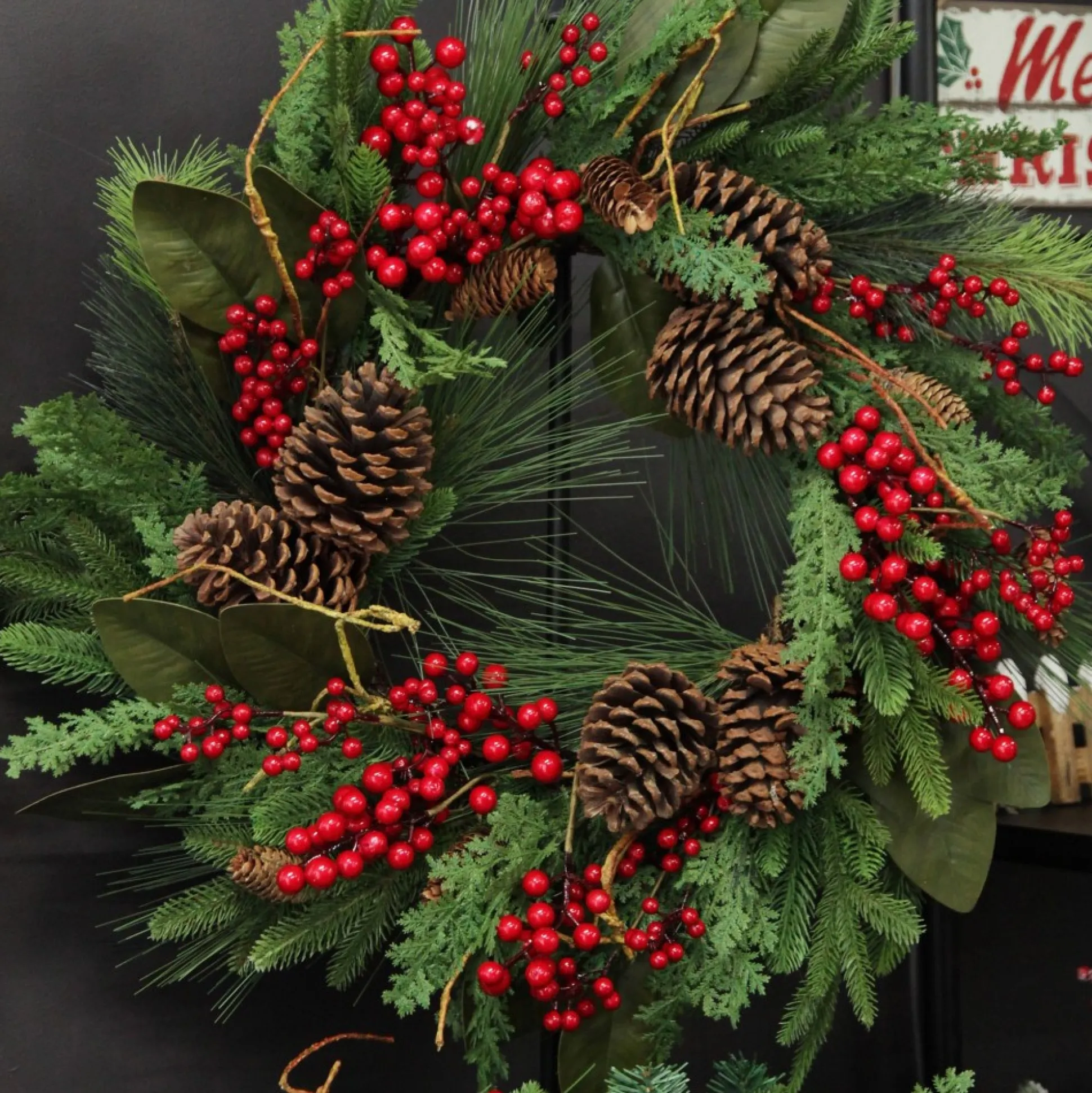 Pinecone and Red Berry Mixed Leaf Christmas Wreath Christmas Wreaths|