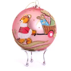 Pink Christmas Bear with Cart Bauble Personalised Baubles|