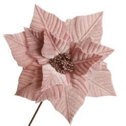 Pink Embossed Poinsettia Flower Stem with Glitter Centre Christmas Flowers|