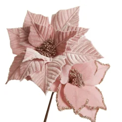 Pink Embossed Poinsettia Flower Stem with Glitter Centre Christmas Flowers|