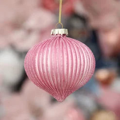 Pink Glass Ribbed Onion Christmas Bauble Decorative Christmas Baubles|